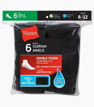 Hanes Men's Cushion Ankle Socks, Black, 6-Pack