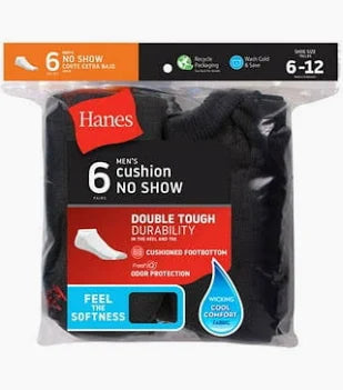 Hanes Men's Cushion No Show Socks, Black, 6-Pack, Size 6-12